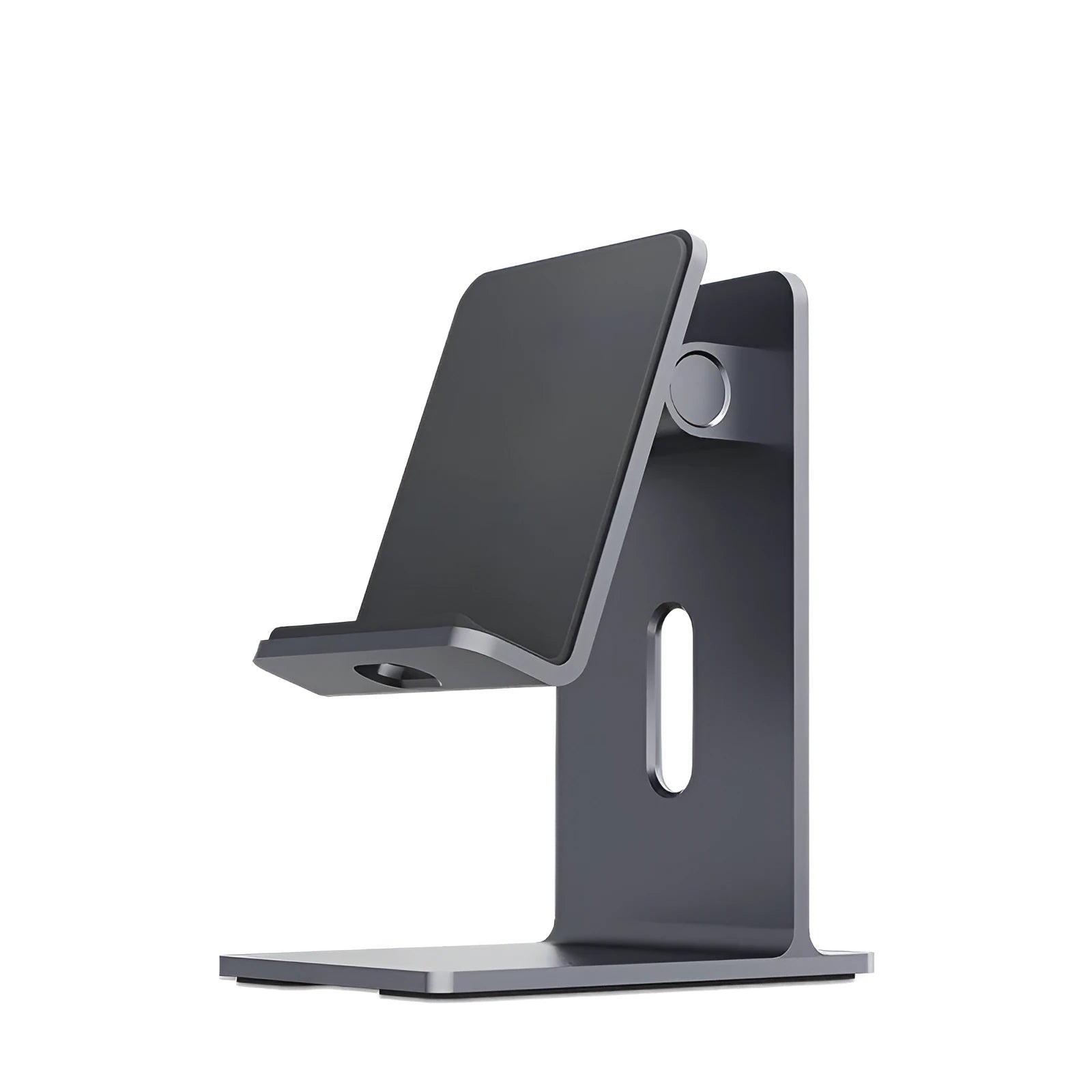 Dark space grey aluminium mobile phone holder with adjustable clamp and 360-degree ball joint on a wooden desk.