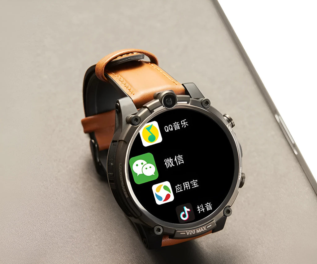 Black smart phone watch with 4G Full Netcom, dual cameras, and heart rate monitoring on a wrist strap.