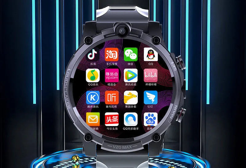 Black smart phone watch with 4G Full Netcom, dual cameras, and heart rate monitoring on a wrist strap.