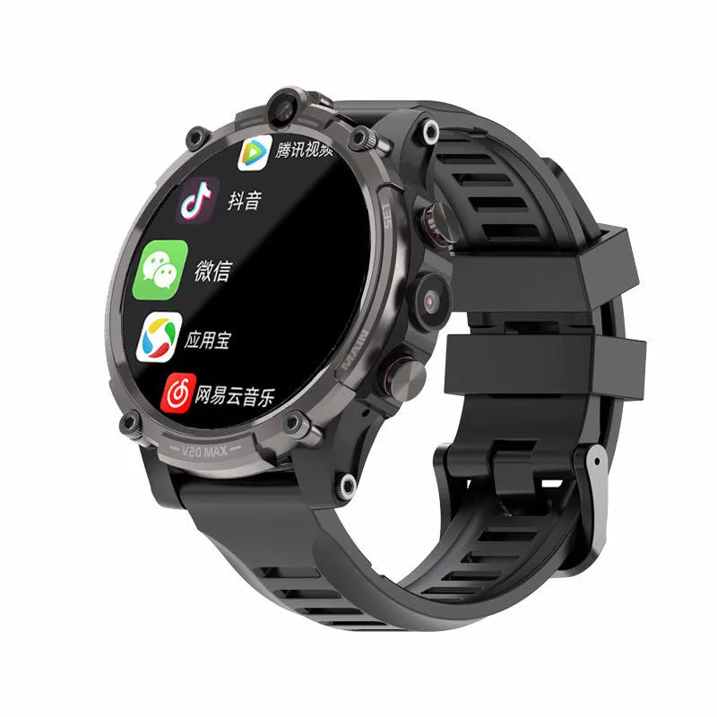 Black smart phone watch with 4G Full Netcom, dual cameras, and heart rate monitoring on a wrist strap.