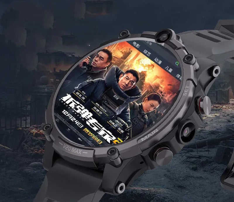 Black smart phone watch with 4G Full Netcom, dual cameras, and heart rate monitoring on a wrist strap.