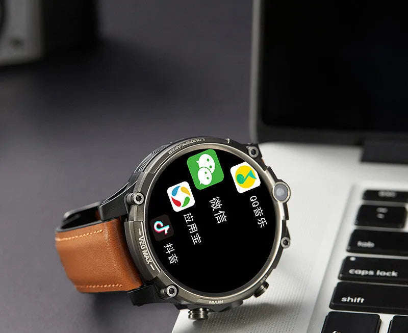 Black smart phone watch with 4G Full Netcom, dual cameras, and heart rate monitoring on a wrist strap.
