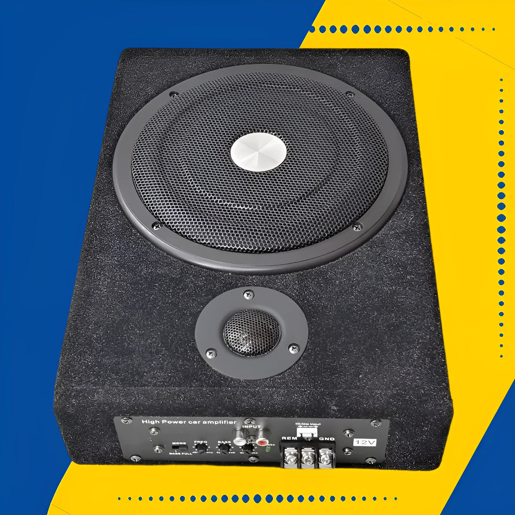 8 inch black car subwoofer in ultra-thin square MDF box with flannel finish