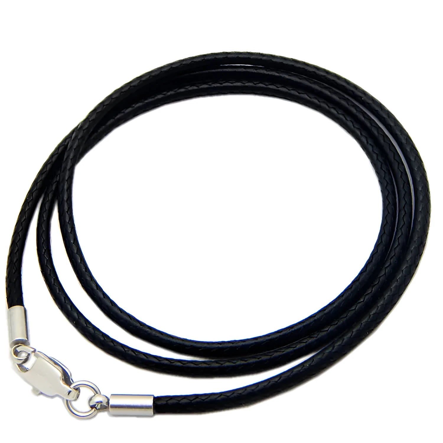 Black wax rope necklace strap with a round stainless steel buckle, showing length and thickness options.