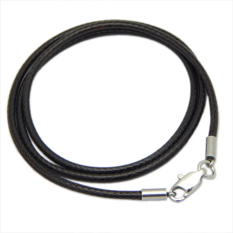 Black wax rope necklace strap with a round stainless steel buckle, showing length and thickness options.