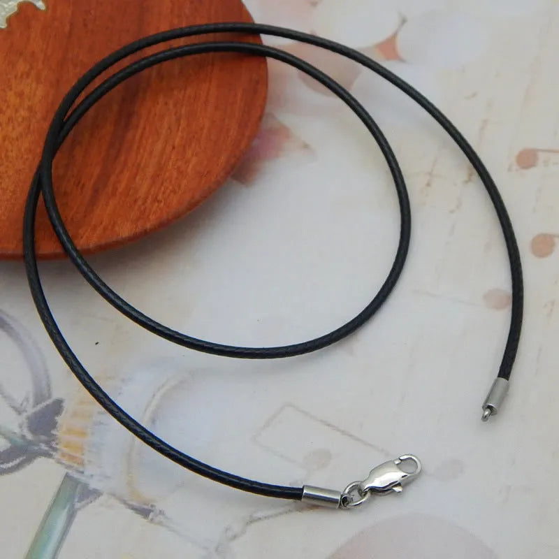 Black wax rope necklace strap with a round stainless steel buckle, showing length and thickness options.