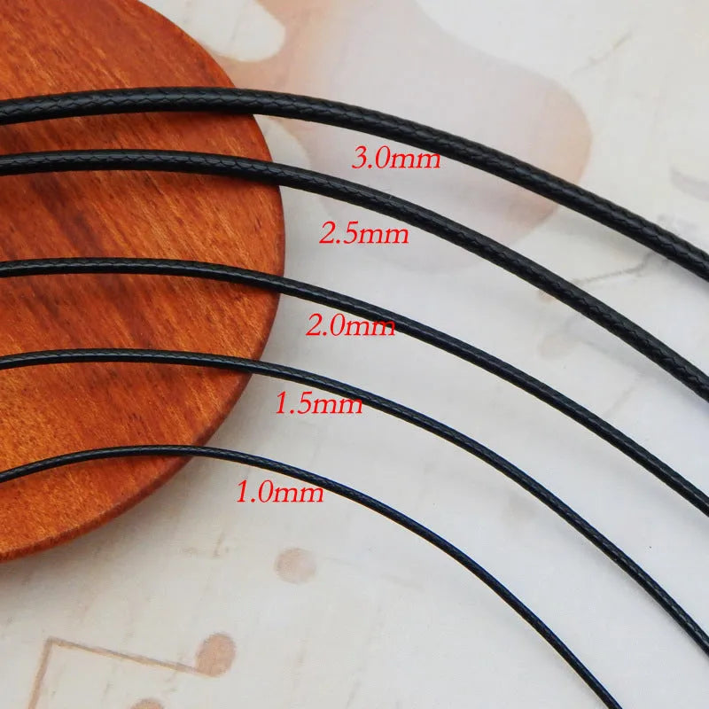 Black wax rope necklace strap with a round stainless steel buckle, showing length and thickness options.