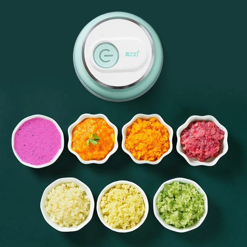Portable electric food chopper with transparent cup and stainless steel blades showing 150ml and 230ml capacity options