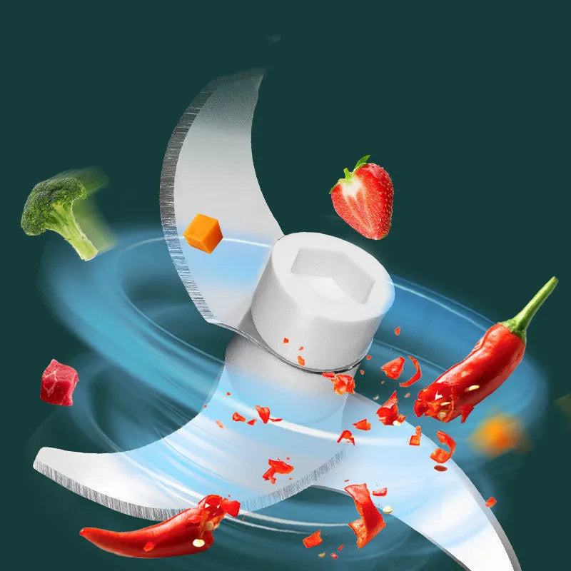 Portable electric food chopper with transparent cup and stainless steel blades showing 150ml and 230ml capacity options