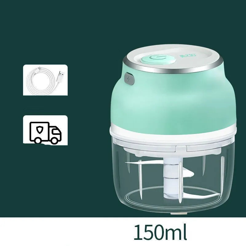 Portable electric food chopper with transparent cup and stainless steel blades showing 150ml and 230ml capacity options