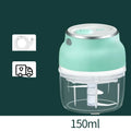 Portable electric food chopper with transparent cup and stainless steel blades showing 150ml and 230ml capacity options