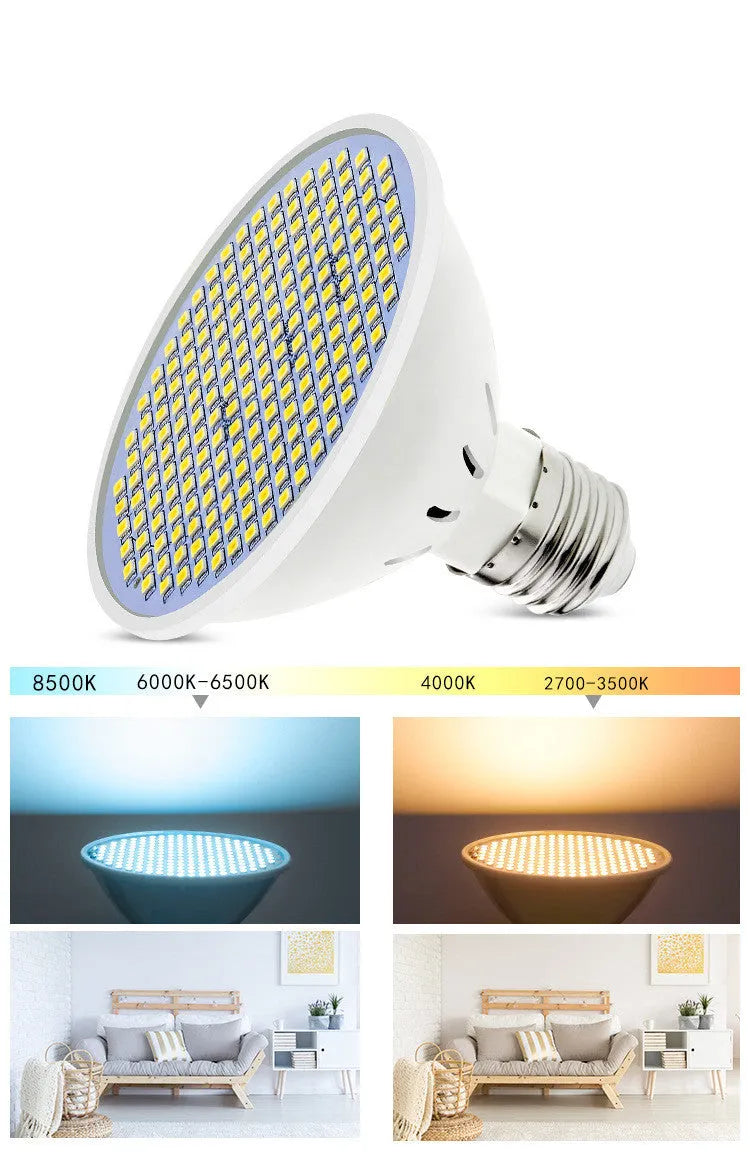 E27 LED lamp cup bulb with a white PC body, shown in warm white and cool white light options.