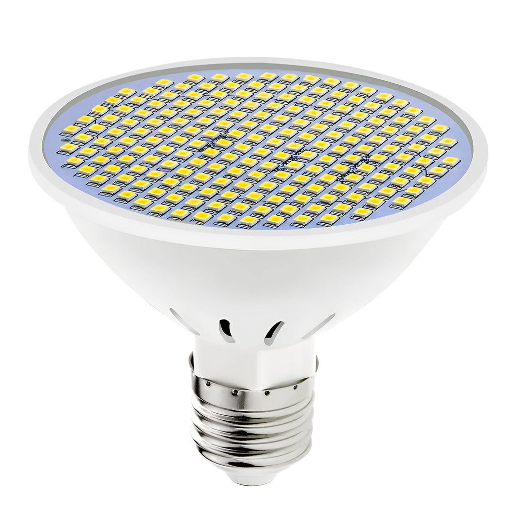 E27 LED lamp cup bulb with a white PC body, shown in warm white and cool white light options.