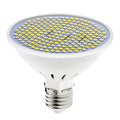 E27 LED lamp cup bulb with a white PC body, shown in warm white and cool white light options.
