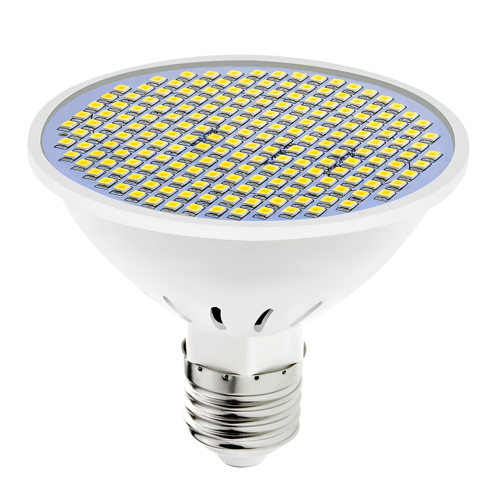 E27 LED lamp cup bulb with a white PC body, shown in warm white and cool white light options.