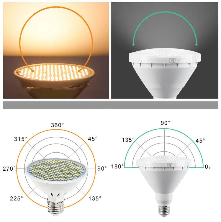 E27 LED lamp cup bulb with a white PC body, shown in warm white and cool white light options.
