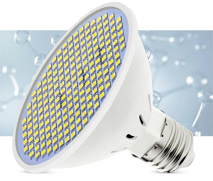 E27 LED lamp cup bulb with a white PC body, shown in warm white and cool white light options.
