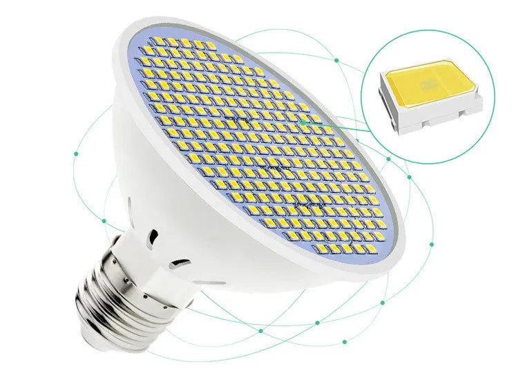 E27 LED lamp cup bulb with a white PC body, shown in warm white and cool white light options.
