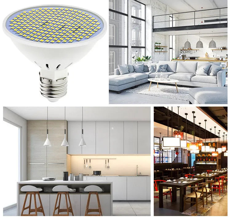 E27 LED lamp cup bulb with a white PC body, shown in warm white and cool white light options.