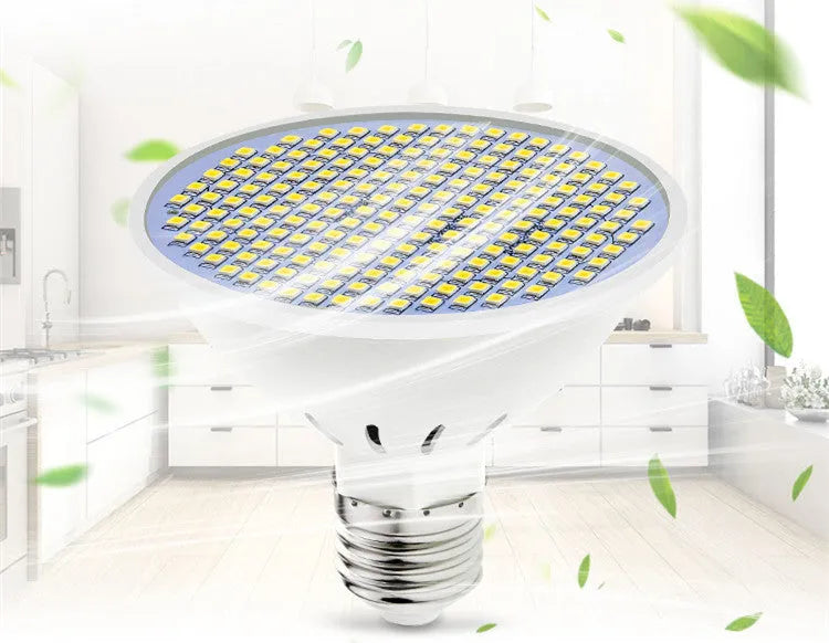 E27 LED lamp cup bulb with a white PC body, shown in warm white and cool white light options.