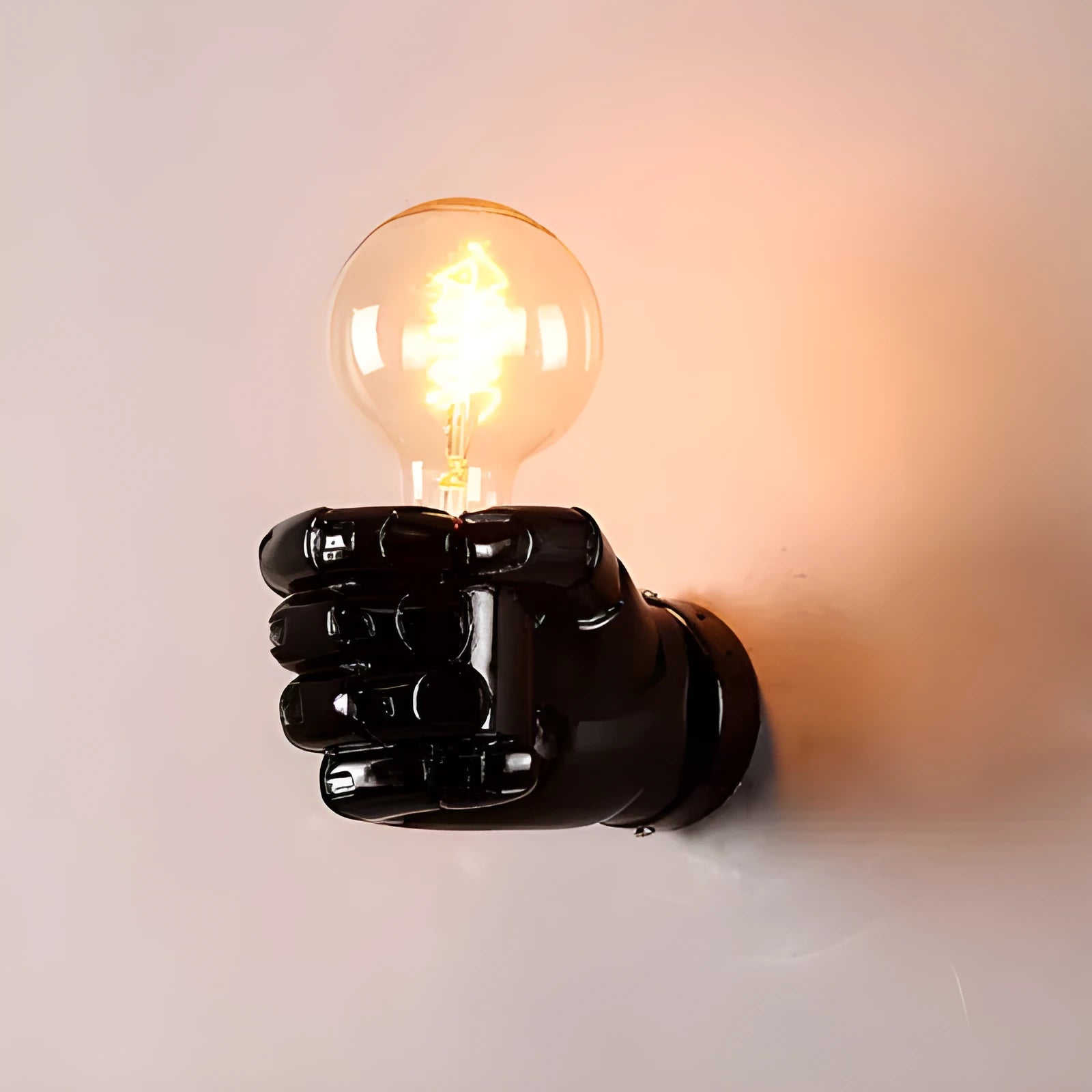 Creative resin fist wall lamp in black, white, or wood grain for left or right hand mounting.