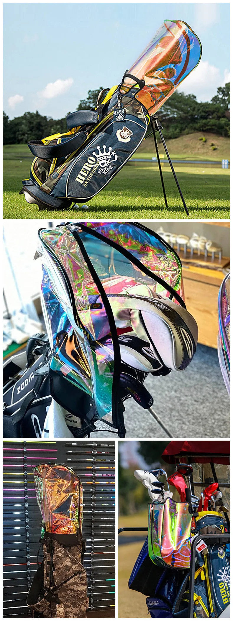 Universal colourful transparent hat for golf bags with adjustable buckle and laser seven colours design