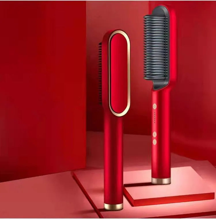Red and black dual hair straightener and hot comb with digital display and rotating power cord.