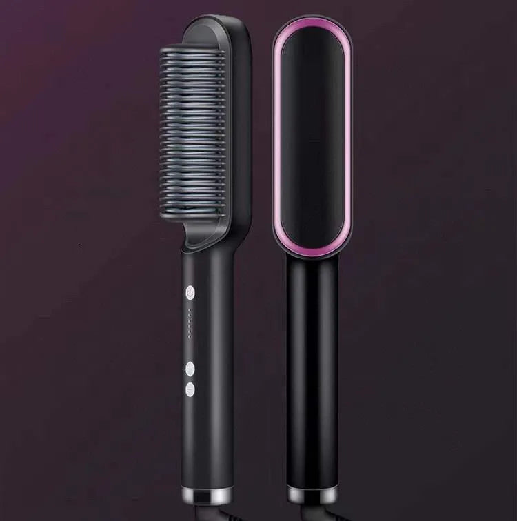 Red and black dual hair straightener and hot comb with digital display and rotating power cord.