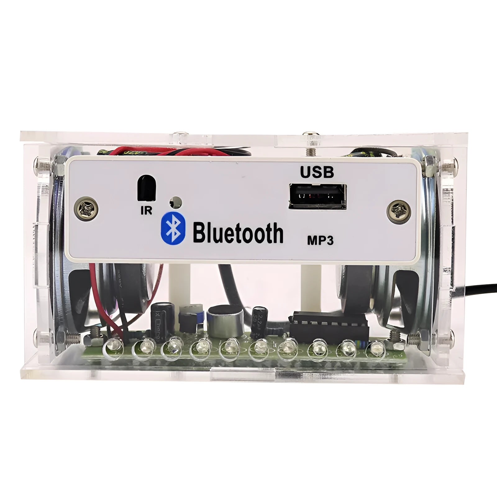 Bluetooth speaker DIY kit components including circuit board, loose electronics, speaker, and clear plastic shell.