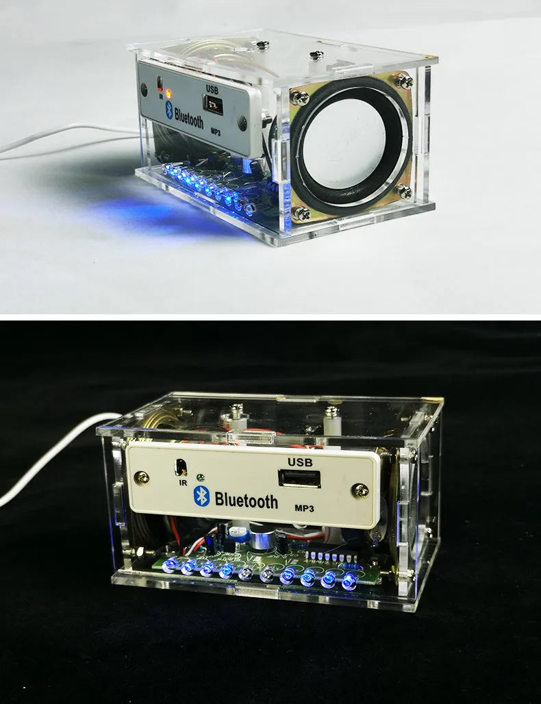 Bluetooth speaker DIY kit components including circuit board, loose electronics, speaker, and clear plastic shell.