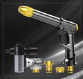 All-metal telescopic garden hose set with multi-spray water gun on grass.
