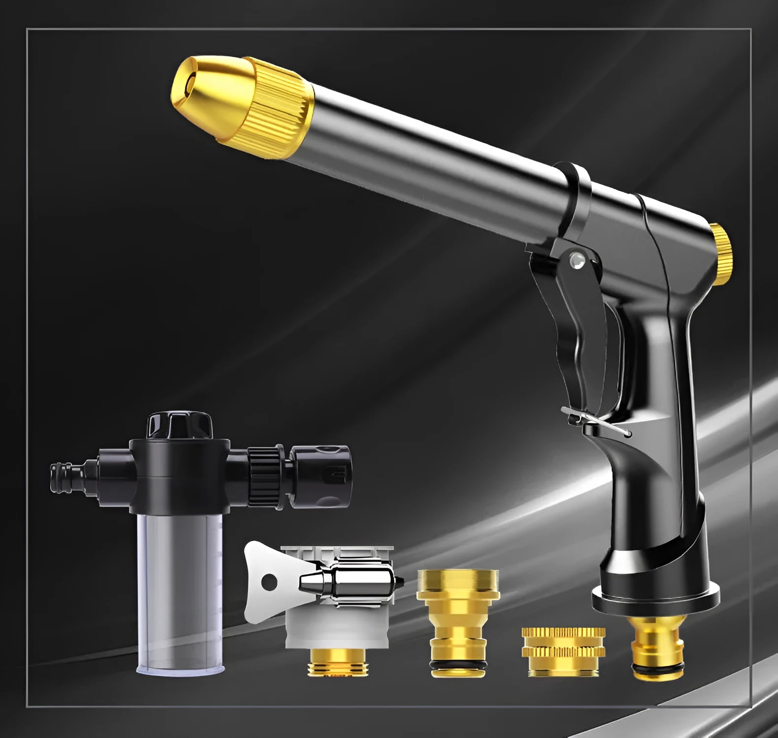 All-metal telescopic garden hose set with multi-spray water gun on grass.