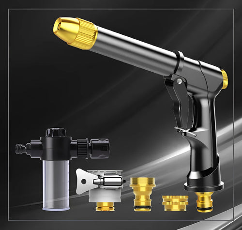 All-metal telescopic garden hose set with multi-spray water gun on grass.