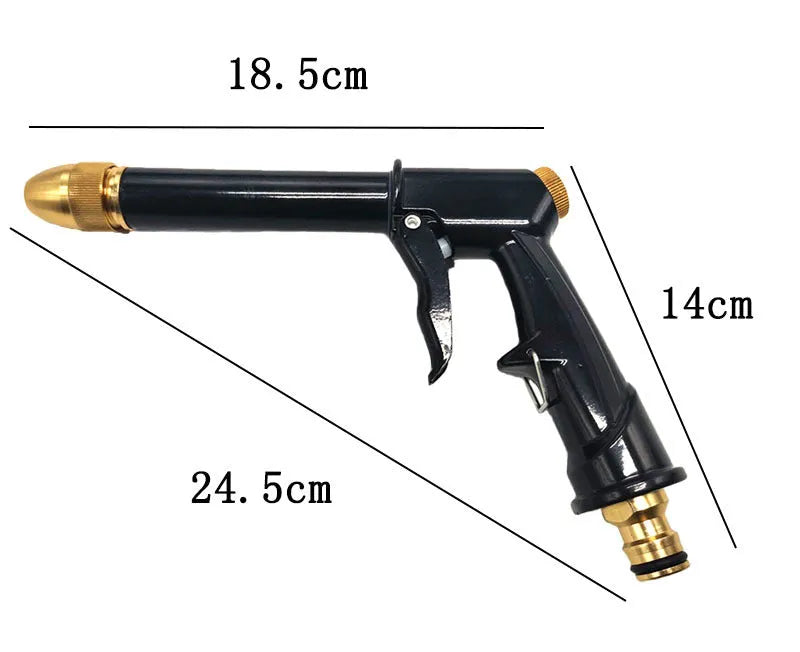 All-metal telescopic garden hose set with multi-spray water gun on grass.