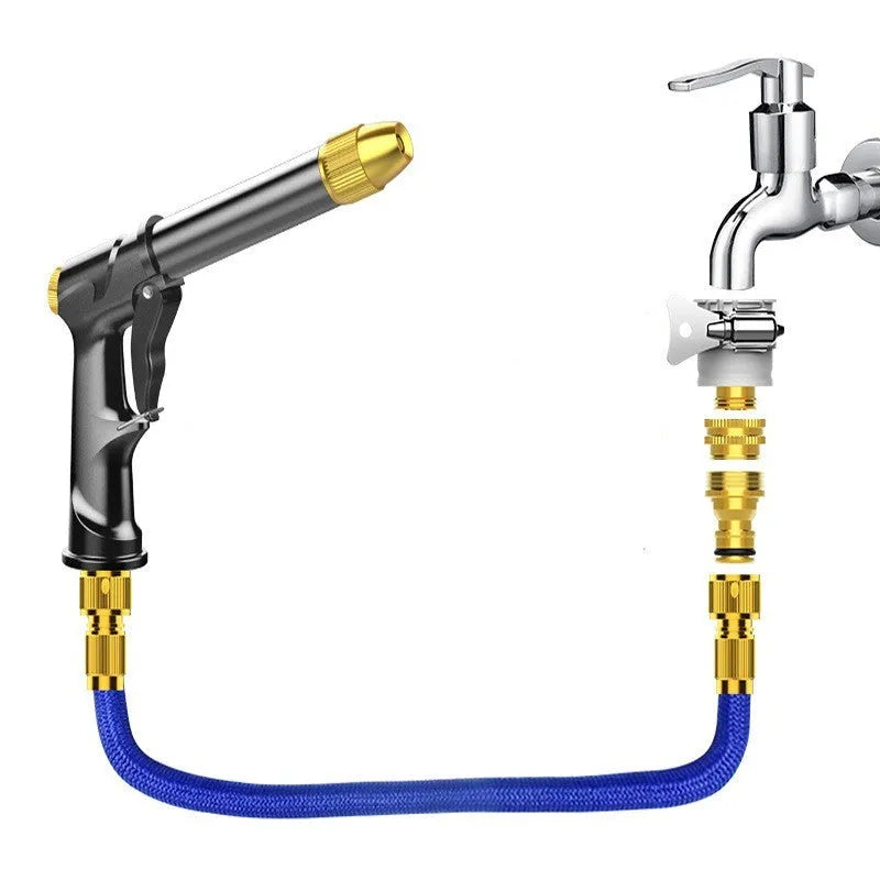 All-metal telescopic garden hose set with multi-spray water gun on grass.