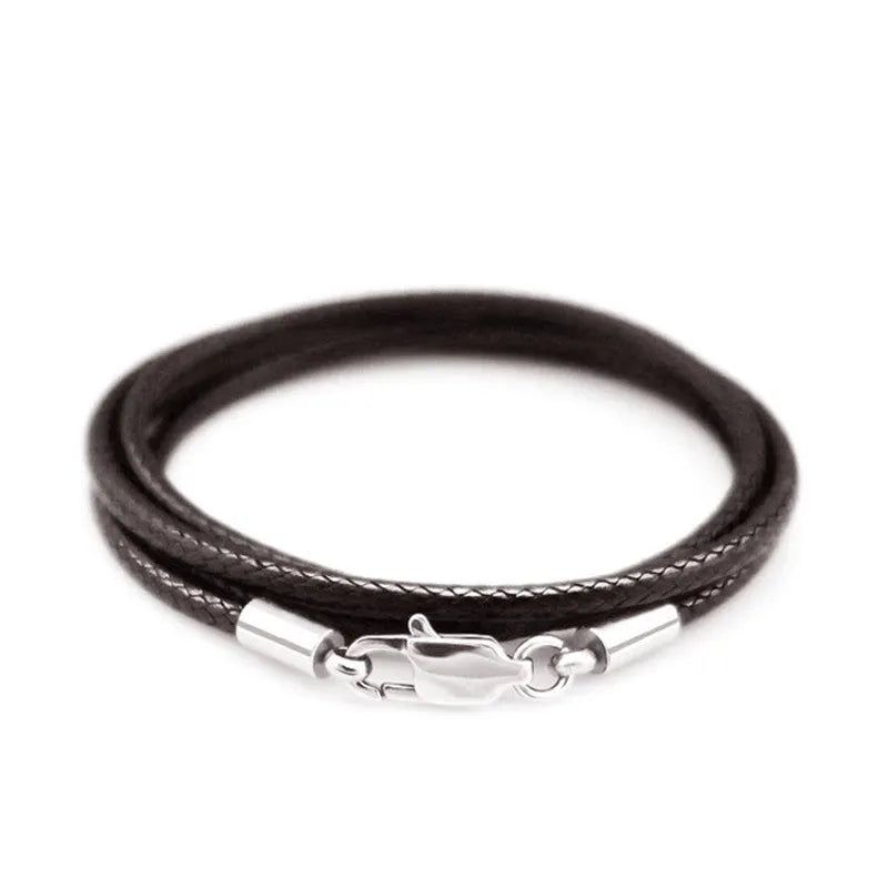 Black wax rope necklace strap with a round stainless steel buckle, showing length and thickness options.