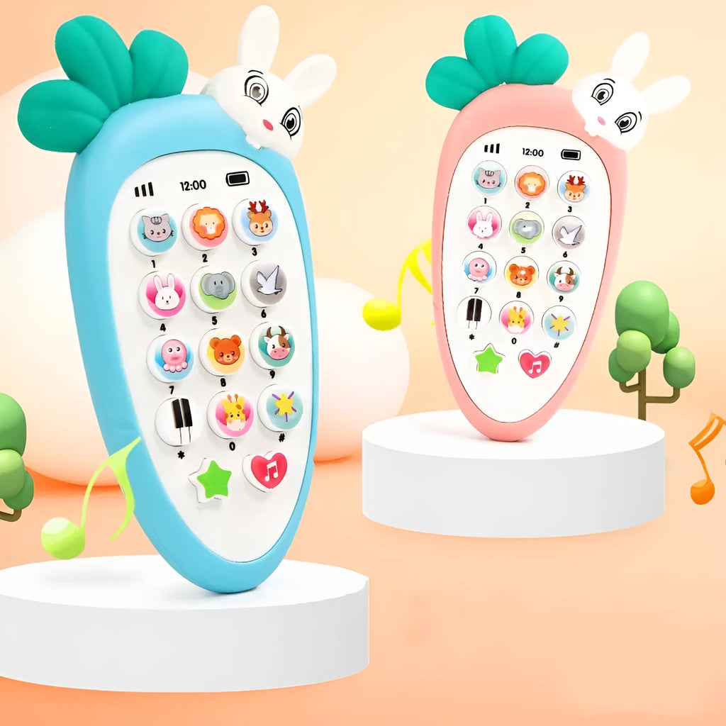 Pink baby simulation phone toy with colourful buttons on a white background