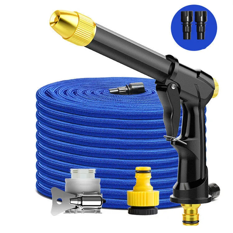 All-metal telescopic garden hose set with multi-spray water gun on grass.