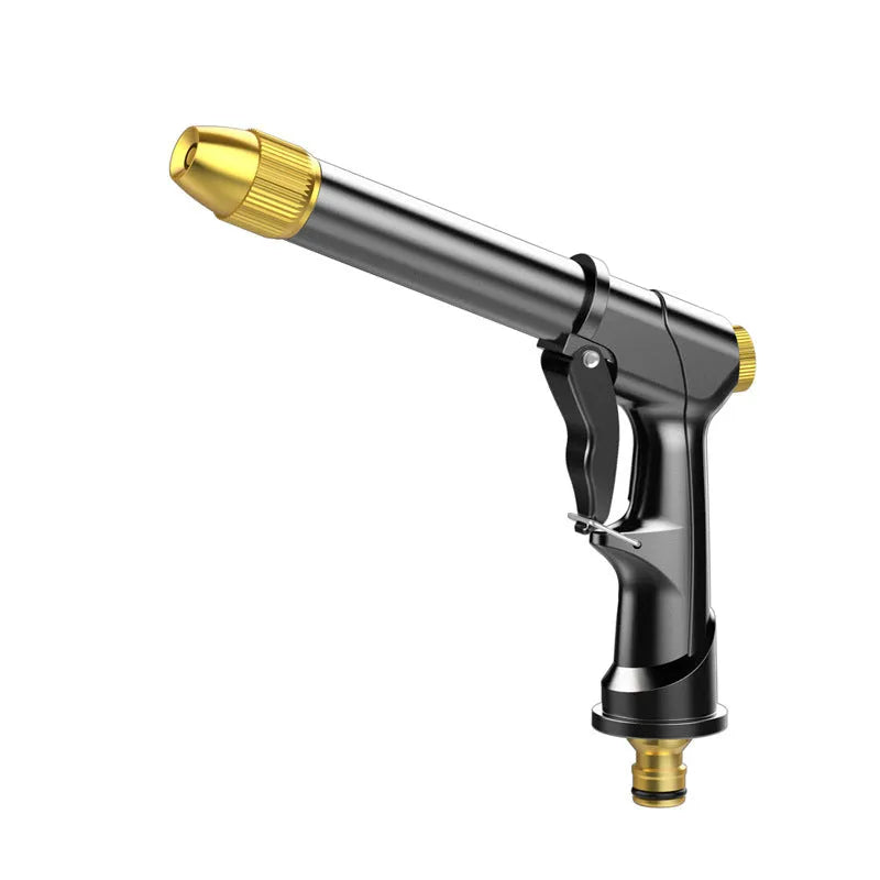 All-metal telescopic garden hose set with multi-spray water gun on grass.