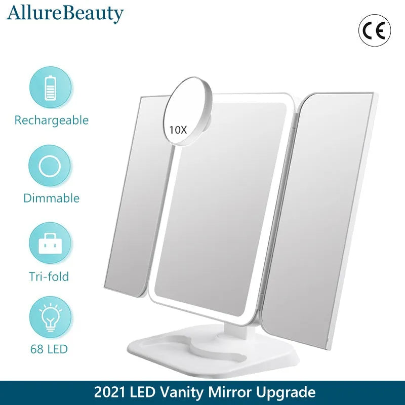 Trifold makeup mirror with 68 LED lights, 10X detachable magnifying mirror, and 180-degree rotation on a table