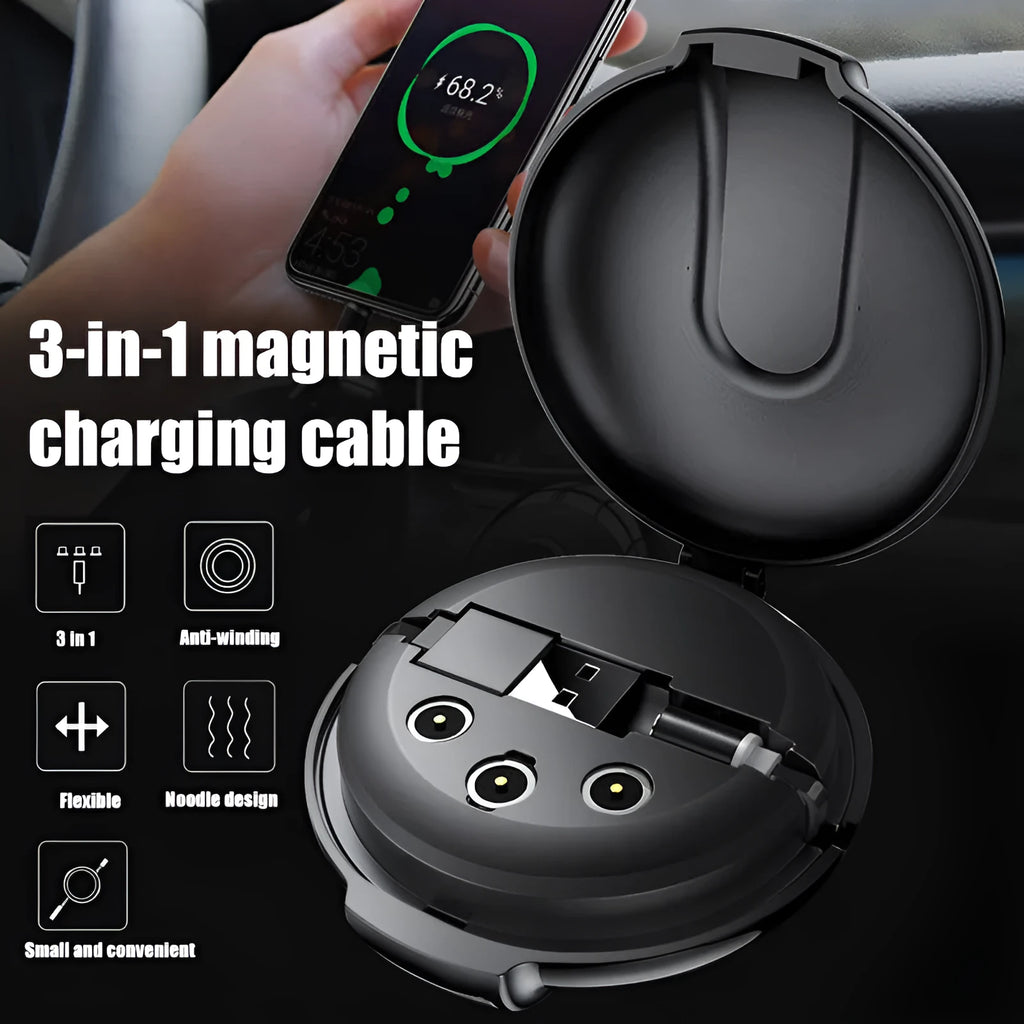 Black magnetic 3-in-1 car phone charger with retractable cable and vehicle mounting bracket