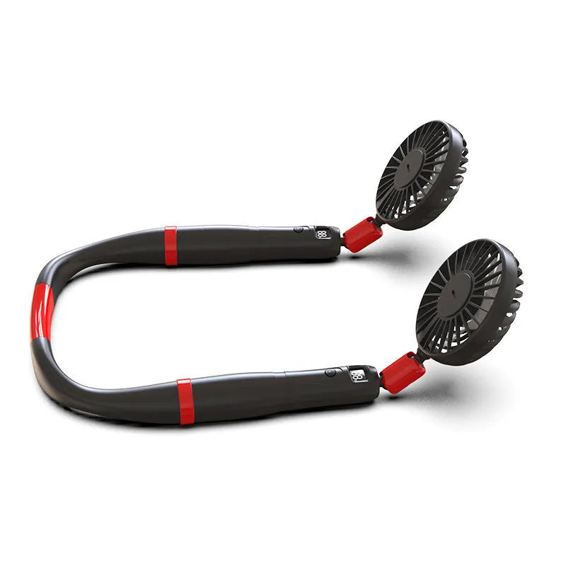 Rechargeable hand-held hanging neck fan in white or black red, 4000mAh battery, 330x190mm, ABS and silicone