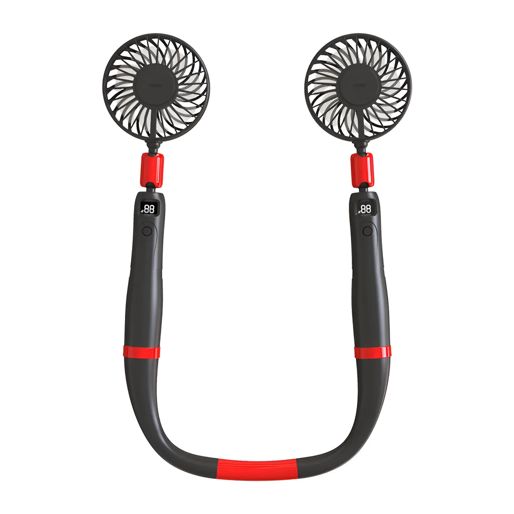 Rechargeable hand-held hanging neck fan in white or black red, 4000mAh battery, 330x190mm, ABS and silicone
