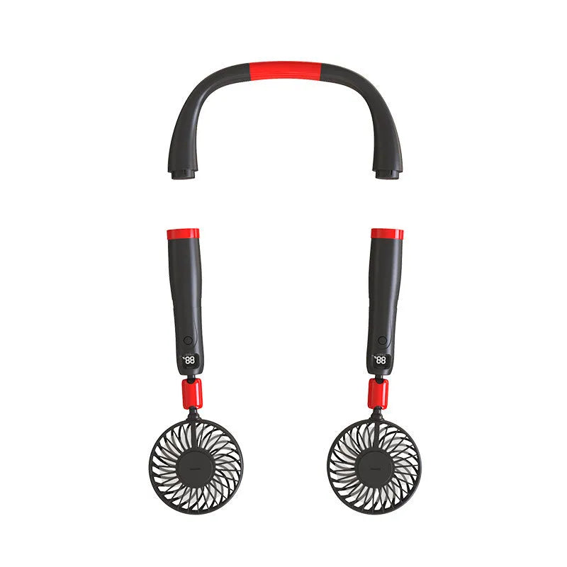 Rechargeable hand-held hanging neck fan in white or black red, 4000mAh battery, 330x190mm, ABS and silicone