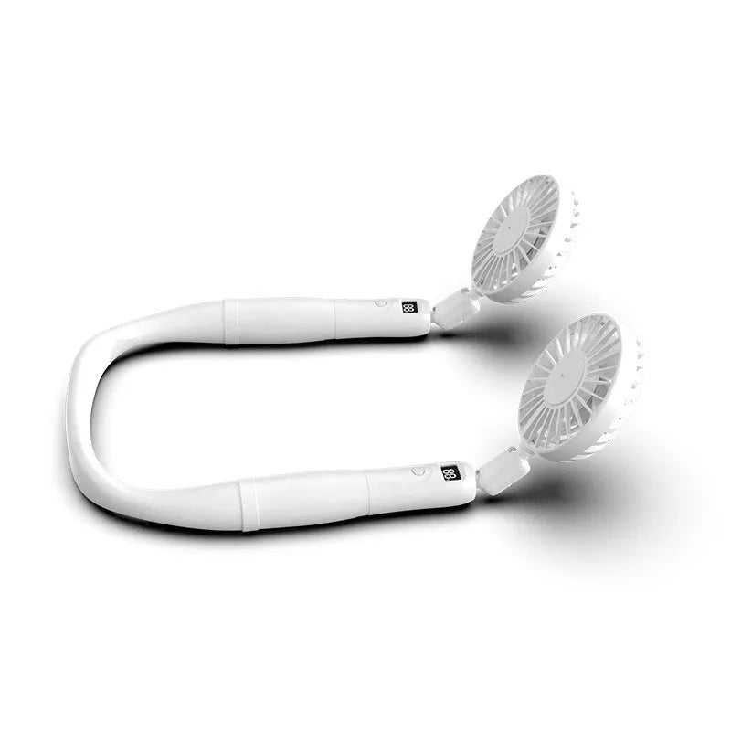 Rechargeable hand-held hanging neck fan in white or black red, 4000mAh battery, 330x190mm, ABS and silicone