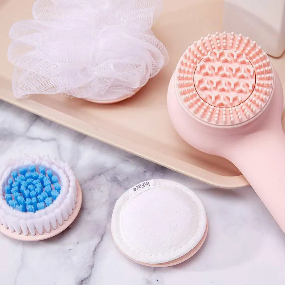 Grey electric shower brush with four rotating brush heads for back massage and skin cleansing