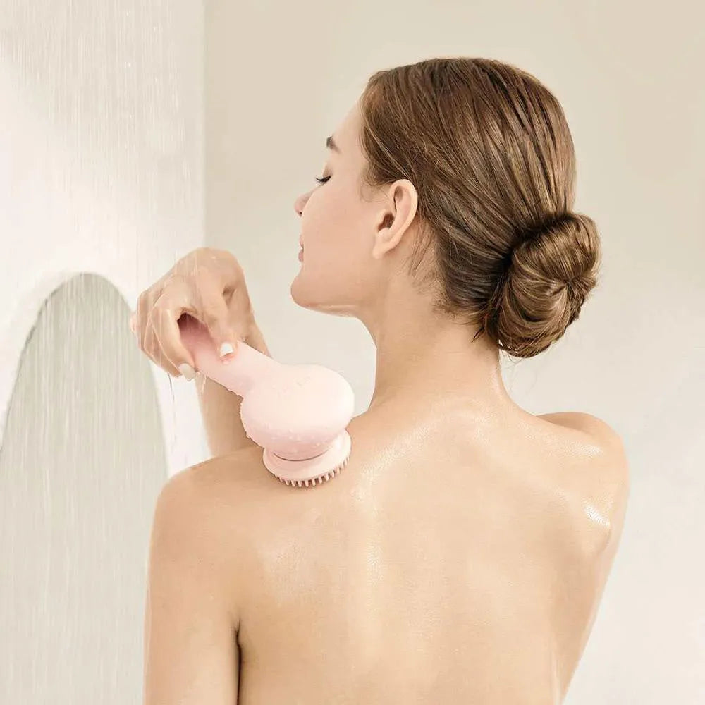 Grey electric shower brush with four rotating brush heads for back massage and skin cleansing