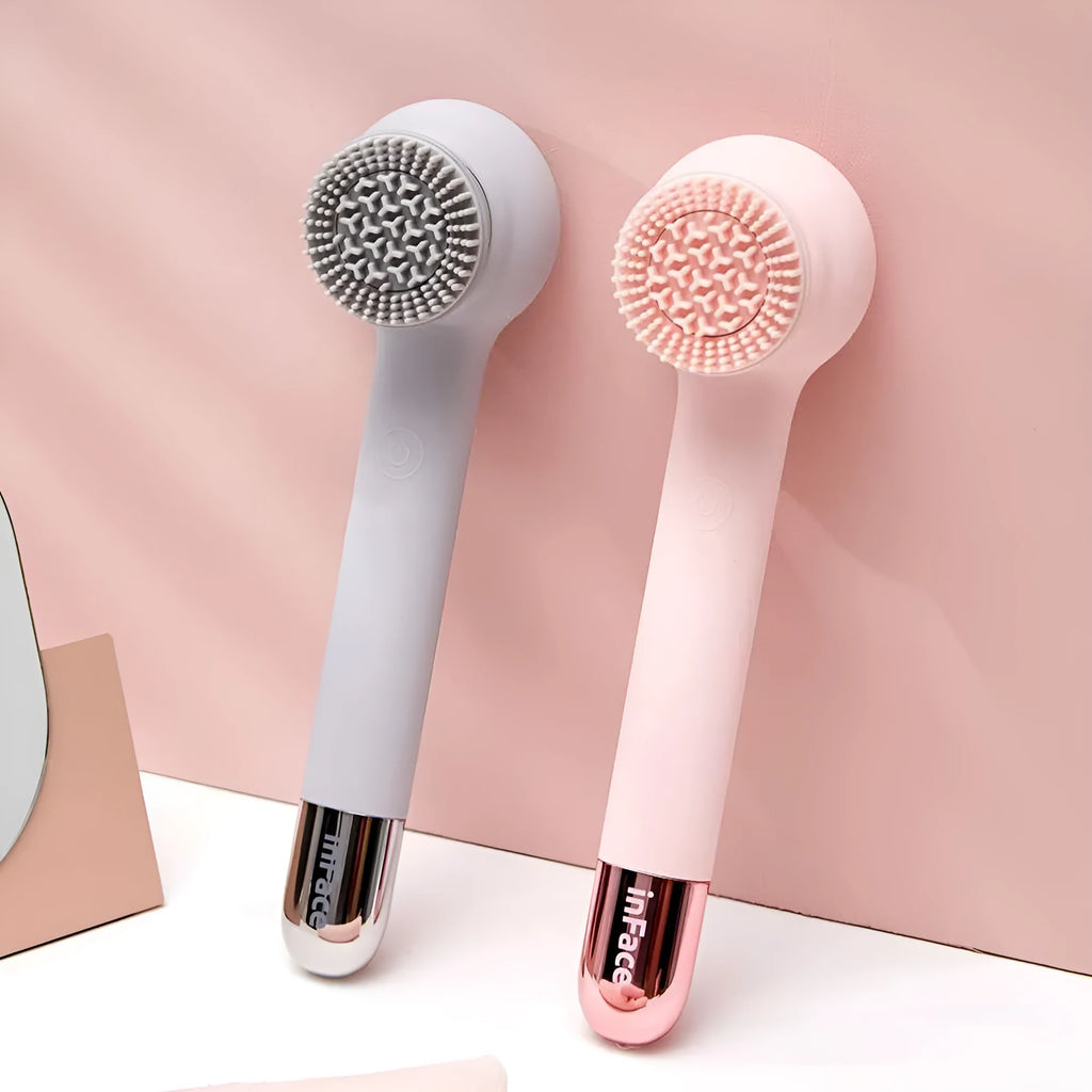 Grey electric shower brush with four rotating brush heads for back massage and skin cleansing