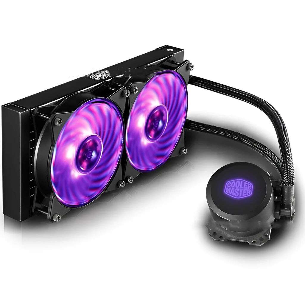 Bingshen 240RGB CPU water cooler with dual chamber pump, aluminium radiator, two fans, and purple RGB lighting