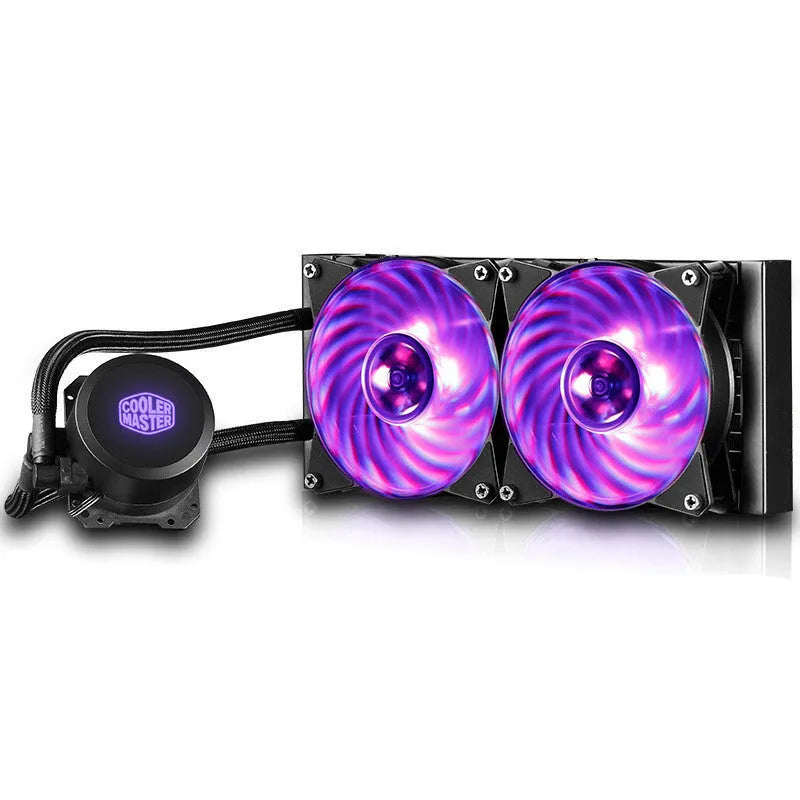 Bingshen 240RGB CPU water cooler with dual chamber pump, aluminium radiator, two fans, and purple RGB lighting